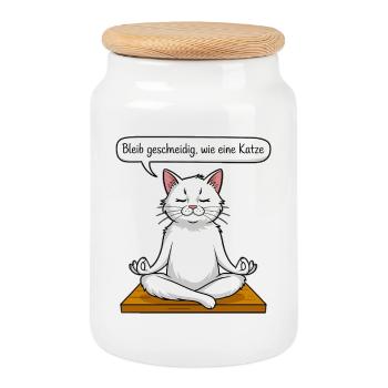 Cat Meditation - Cookie Jar with Wooden Lid - white - Front