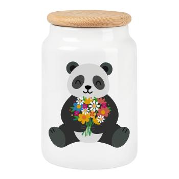 Panda with Bouquet of Flowers – Loving Animal Motif - Cookie Jar with Wooden Lid - white - Front