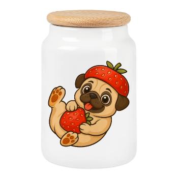 Cute Pug with Strawberries in Cartoon Style Funny - Cookie Jar with Wooden Lid - white - Front