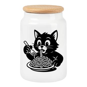 Cat Eats Spaghetti Meme - Cookie Jar with Wooden Lid - white - Front