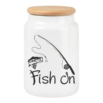 Fishing Hook and Fish Illustration on T-Shirt - Cookie Jar with Wooden Lid - white - Front