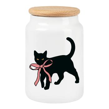 Chat noir avec nœud papillon - Boîte à biscuits avec couvercle en bois - blanc - Devant