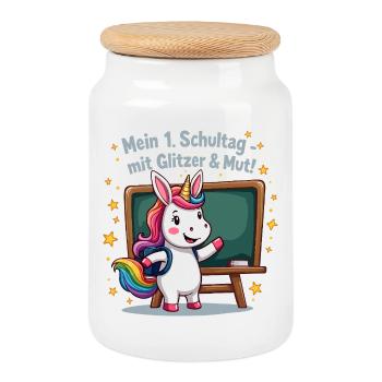 School Unicorn – 1st Grade with Glitter Start - Cookie Jar with Wooden Lid - white - Front