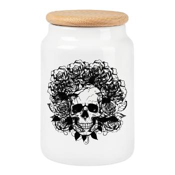 Crâne et roses – Contraste floral foncé - Boîte à biscuits avec couvercle en bois - blanc - Devant