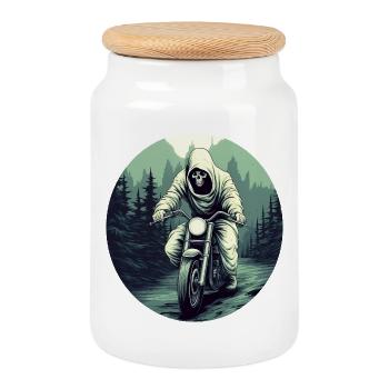 Ghost Motorcycle / Motorcyclist Ghosts - Cookie Jar with Wooden Lid - white - Front