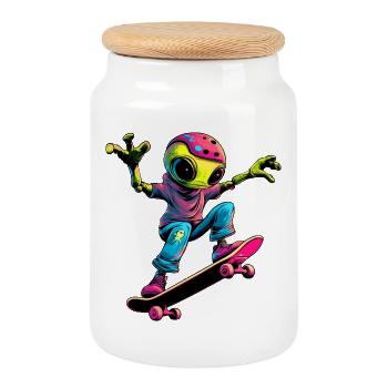 Skater Alien - Keksdose mit Holzdeckel - Weiß - Vorne