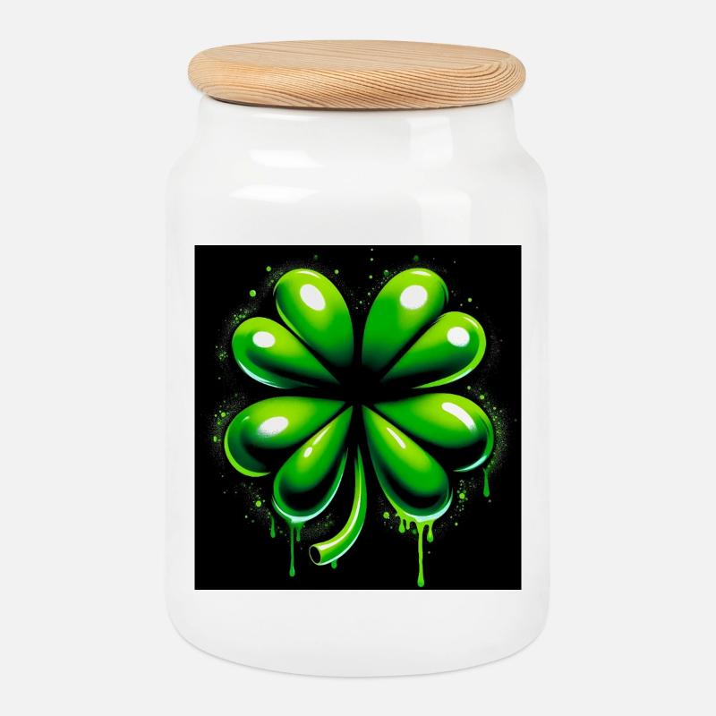Four-leaf clover - Cookie Jar with Wooden Lid - white