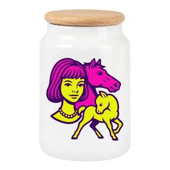 Fille Cheval Pop Art - Boîte à biscuits avec couvercle en bois - blanc - Devant