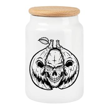 Creepy Halloween Skull Pumpkin – Spooky Pumpkin - Cookie Jar with Wooden Lid - white - Front