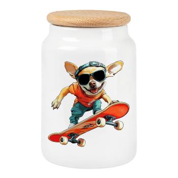 Skater Chihuahua - Keksdose mit Holzdeckel - Weiß - Vorne
