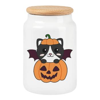 Costume de chauve-souris citrouille d'Halloween pour chat - Boîte à biscuits avec couvercle en bois - blanc - Devant