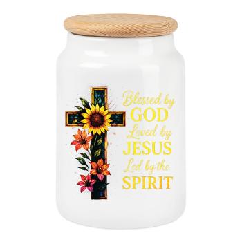 Loved By Jesus Christian Cross - Cookie Jar with Wooden Lid - white - Front