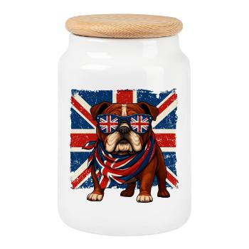 Bouledogue britannique avec lunettes de soleil Union Jack - Boîte à biscuits avec couvercle en bois - blanc - Devant