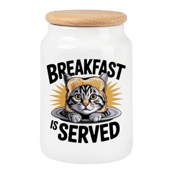 Breakfast Cat Humor - Cookie Jar with Wooden Lid - white - Front