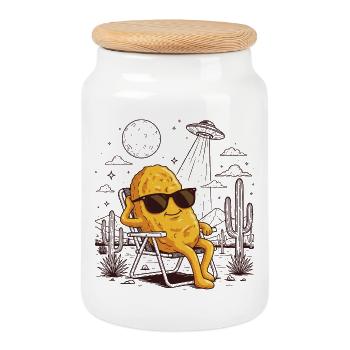 Humor Meme Desert UFO Chicken Nugget - Cookie Jar with Wooden Lid - white - Front