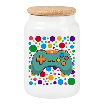 Farbenfroher Gaming-Controller Spotty Dotted Gaming - Keksdose mit Holzdeckel - Weiß - Vorne