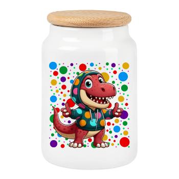 Cooler Dino Cartoon – Bunter Polka Dot Hoodie Des - Keksdose mit Holzdeckel - Weiß - Vorne