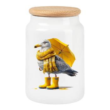 Seagull with yellow umbrella and boots - Cookie Jar with Wooden Lid - white - Front