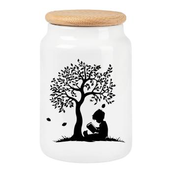 Child Reading Under Tree - Cookie Jar with Wooden Lid - white - Front