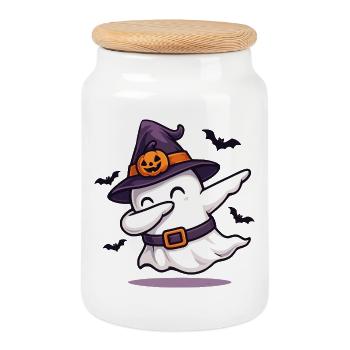 Dabbing Ghost with Witch Hat – Halloween Shirt - Cookie Jar with Wooden Lid - white - Front