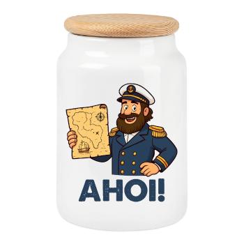 Capitaine avec carte Ahoy - Boîte à biscuits avec couvercle en bois - blanc - Devant