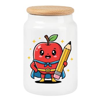 Lehrer Cartoon Obst mit Bleistift - Keksdose mit Holzdeckel - Weiß - Vorne