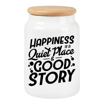 Happiness is a quiet place and Good Story - Cookie Jar with Wooden Lid - white - Front