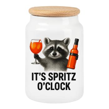 It's Spritz O'Clock Waschbär Party Geschenkidee - Keksdose mit Holzdeckel - Weiß - Vorne