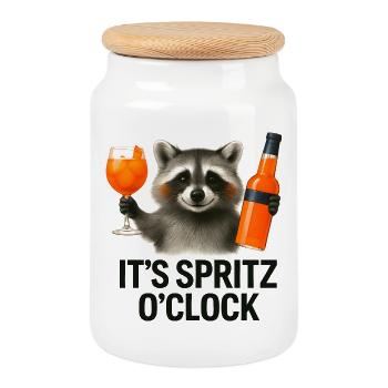 It's Spritz O'Clock Waschbär Party Geschenkidee - Keksdose mit Holzdeckel - Weiß - Vorne