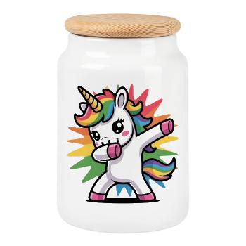 Buntes Einhorn mit Regenbogen-Mähne - Keksdose mit Holzdeckel - Weiß - Vorne