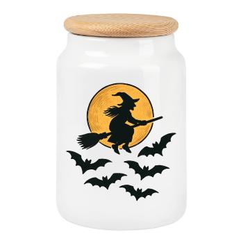 Sorcière volante avec des chauves-souris – Design d’Halloween - Boîte à biscuits avec couvercle en bois - blanc - Devant