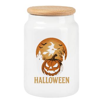 Halloween Pumpkin Silhouette Moon - Cookie Jar with Wooden Lid - white - Front