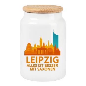 Leipzig Skyline Saxonen Saying - Cookie Jar with Wooden Lid - white - Front