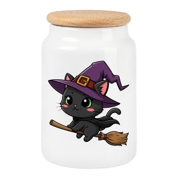 Mignon Halloween Sorcière Dessin Animé Chat Balai Octobre - Boîte à biscuits avec couvercle en bois - blanc - Devant