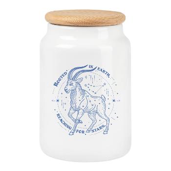 Steinbock Sternzeichen Geschenk – Erde & Sterne Design - Keksdose mit Holzdeckel - Weiß - Vorne