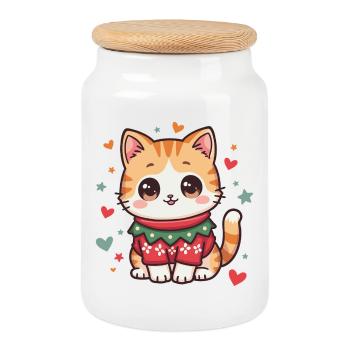 Chat de Noël - Boîte à biscuits avec couvercle en bois - blanc - Devant
