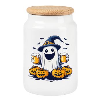 Halloween Fantôme Ghost Bière Alcool Drôle - Boîte à biscuits avec couvercle en bois - blanc - Devant