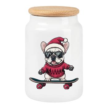 Buldog Français Chien Noël Drôle - Boîte à biscuits avec couvercle en bois - blanc - Devant
