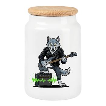 Rockerwolf with leather jacket - Cookie Jar with Wooden Lid - white - Front