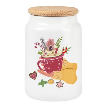 Christmas cup with gingerbread house Advent - Cookie Jar with Wooden Lid - white - Front