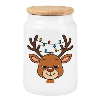 Renne joyeux avec des guirlandes lumineuses – Noël - Boîte à biscuits avec couvercle en bois - blanc - Devant