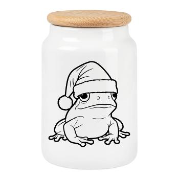 Funny Christmas frog with cap - Cookie Jar with Wooden Lid - white - Front