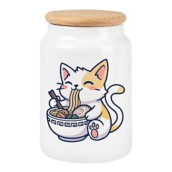 Kawaii Ramen Katze Freude - Keksdose mit Holzdeckel - Weiß - Vorne