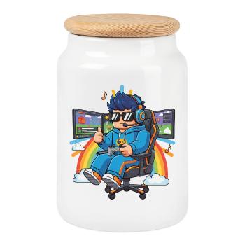 Cool streamer playing games - Cookie Jar with Wooden Lid - white - Front