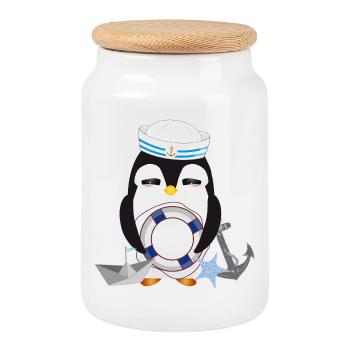 Pingouin mignon comme un marin dans un look marine - Boîte à biscuits avec couvercle en bois - blanc - Devant
