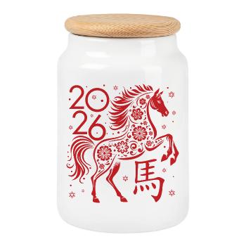 Nouvel an chinois du cheval 2026 - Boîte à biscuits avec couvercle en bois - blanc - Devant