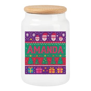Festive Name Amanda Ugly Chrismas Style, Xmas  - Cookie Jar with Wooden Lid - white - Front
