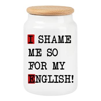 English Shame – Denglish saying with self-irony - Cookie Jar with Wooden Lid - white - Front