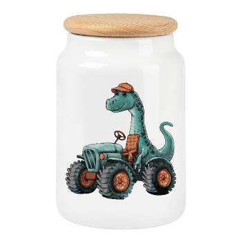 Dinosaur Brontosaurus Tractor Farmer - Cookie Jar with Wooden Lid - white - Front