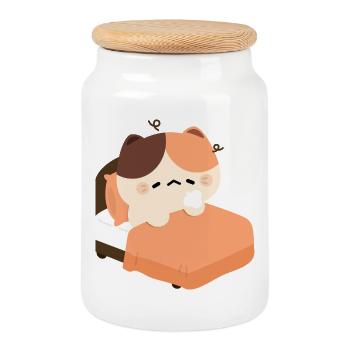 Sleepy Tortie Cat - Cookie Jar with Wooden Lid - white - Front